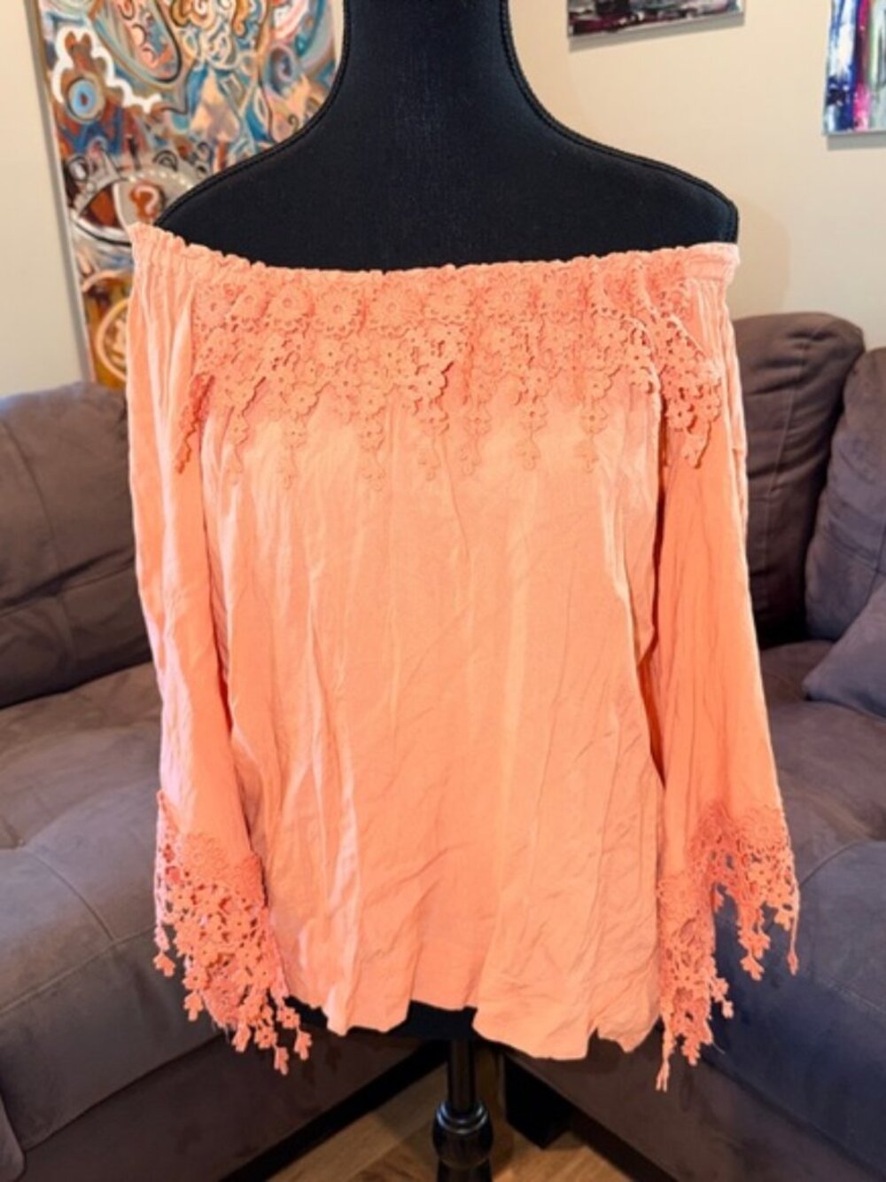 Melissa Paige Coral Off-Shoulder Lace Trim Blouse